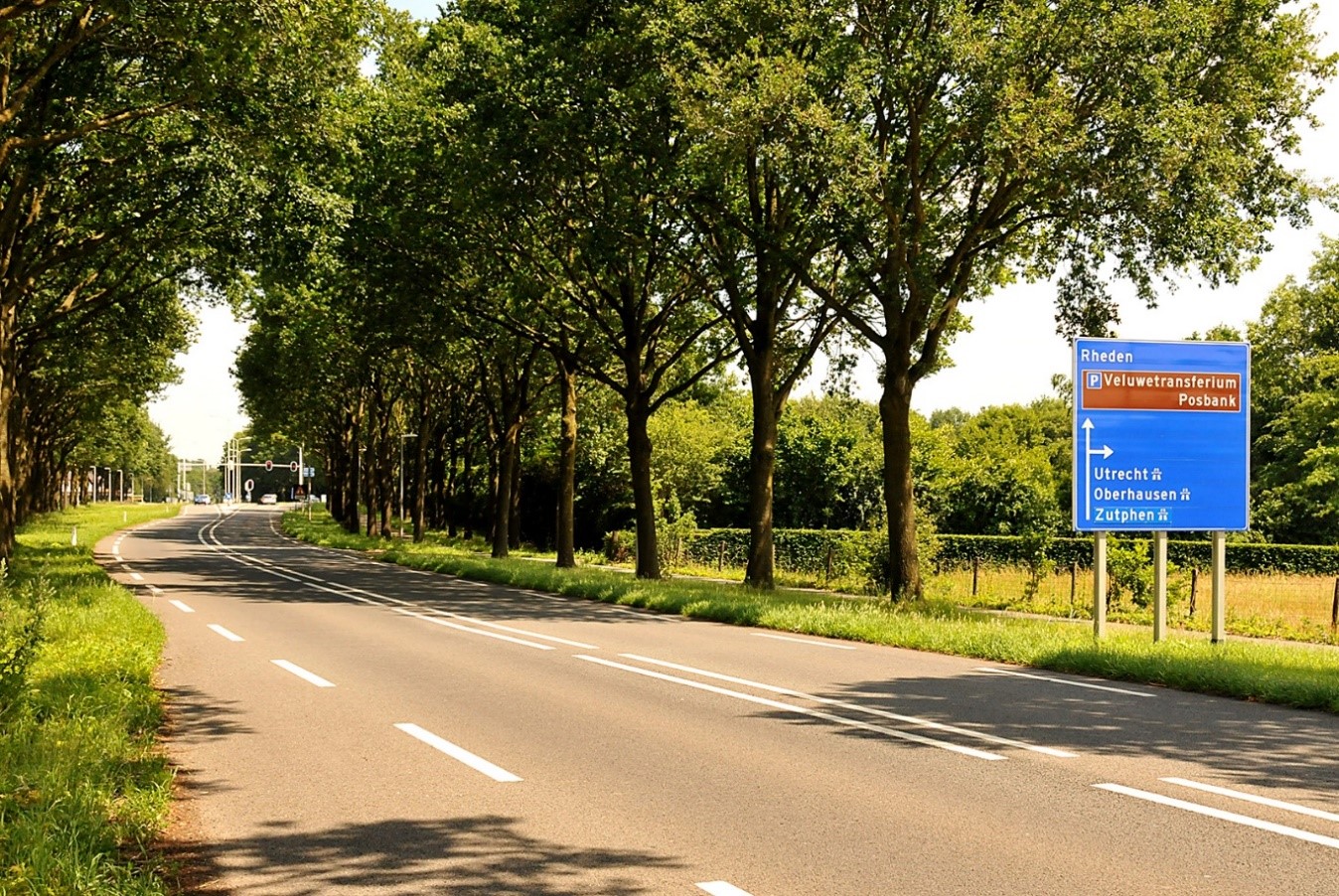 Een impressie van de aangrenzende Provinciale weg van Velp richting Rheden. In de verte bij de verkeerslichten is nog net de afslag naar de snelweg van de A.348 zichtbaar zoals het verkeersbord op de voorgrond duidelijk kenbaar maakt - Foto:©Ton Heekelaar.