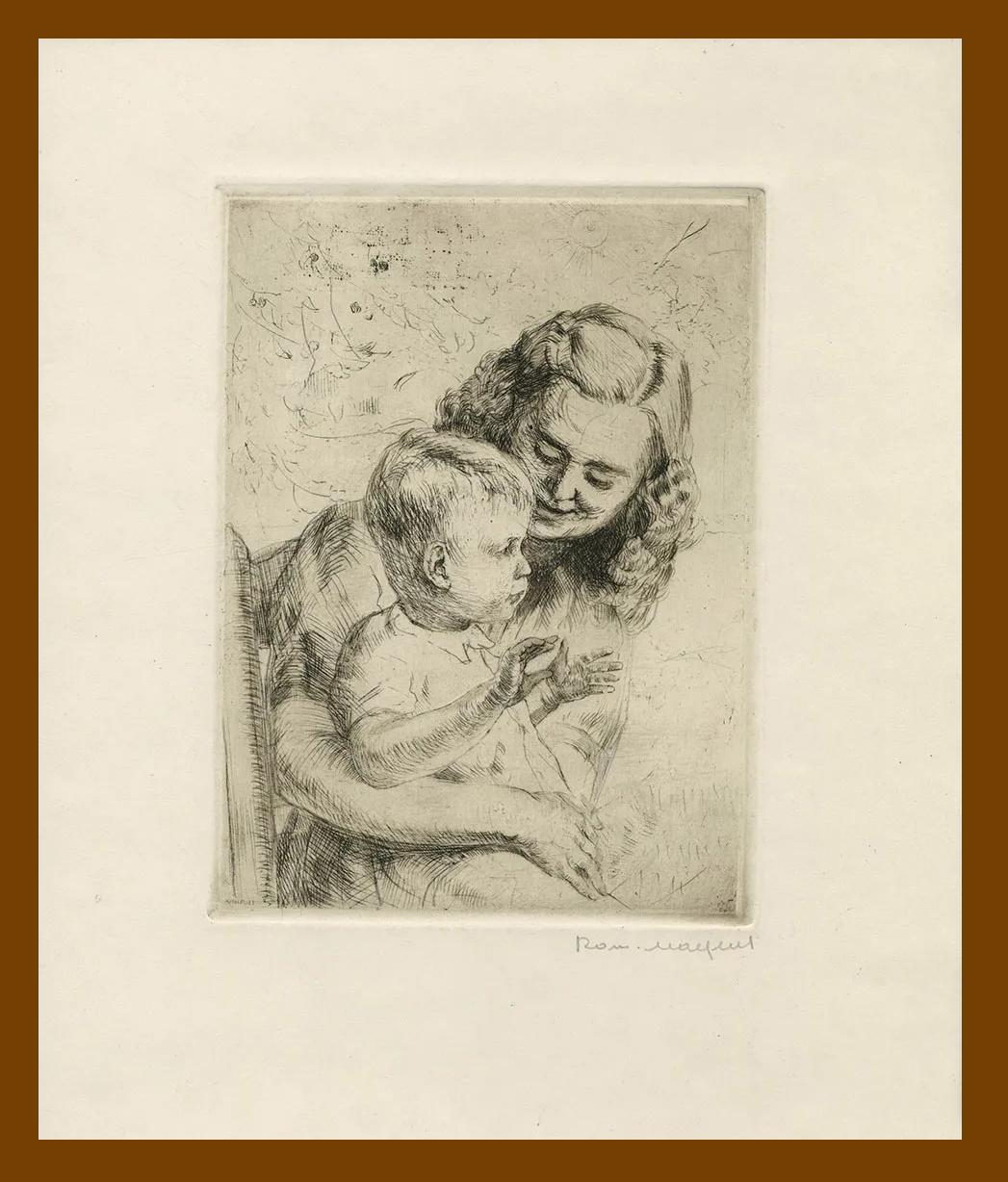 Moeder met blij kindje op de schoot - Ets: ©Romain Malfliet(1910-2006).